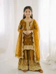 DESIGNER FENDY SILK EMBROIDERY CODING AND SEQUENCE WORK KID'S TOP PALAZZO WITH DUPATTA YELLOW