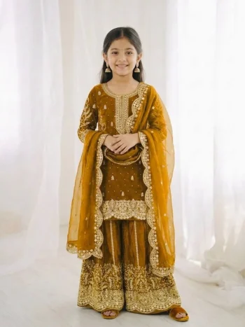 DESIGNER FENDY SILK EMBROIDERY CODING AND SEQUENCE WORK KID'S TOP PALAZZO WITH DUPATTA  YELLOW