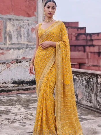 DESIGNER GEORGETTE CUTDANA AND REAL MIRROR WORK SAREE WITH UNSTITCHED BLOUSE LIGHT YELLOW