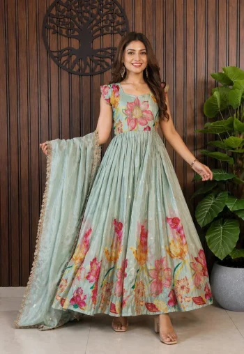 DESIGNER PURE SILK DIGITAL POSITION FOIL PRINT WORK GOWN WITH DUPATTA RAMA