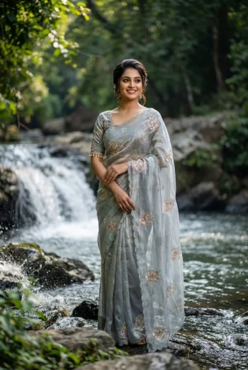 DESIGNER SPACE SILK EMBROIDERY BEADS WORK HEAVY BUTTA WITH TONE ARC WORK SAREE WITH STITCHED BLOUSE GREY