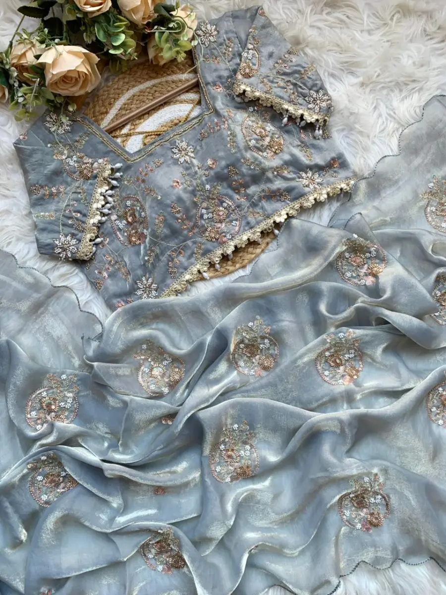 3DESIGNER SPACE SILK EMBROIDERY BEADS WORK HEAVY BUTTA WITH TONE ARC WORK SAREE WITH STITCHED BLOUSE WEDDING WEAR WHOLESALE PRICE ETHNIC GARMENT (8)