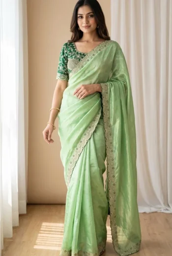DESIGNER SPACE SILK EMBROIDERY THREAD WORK BORDER SAREE WITH STITCHED BLOUSE GREEN