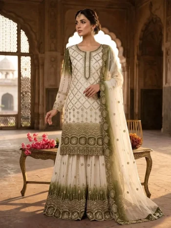 DESIGNER STAR GEORGTTE EMBROIDERY 5 MM SEQUENCE WORK TOP PALAZZO WITH DUPATTA OFF WHITE AND GREEN