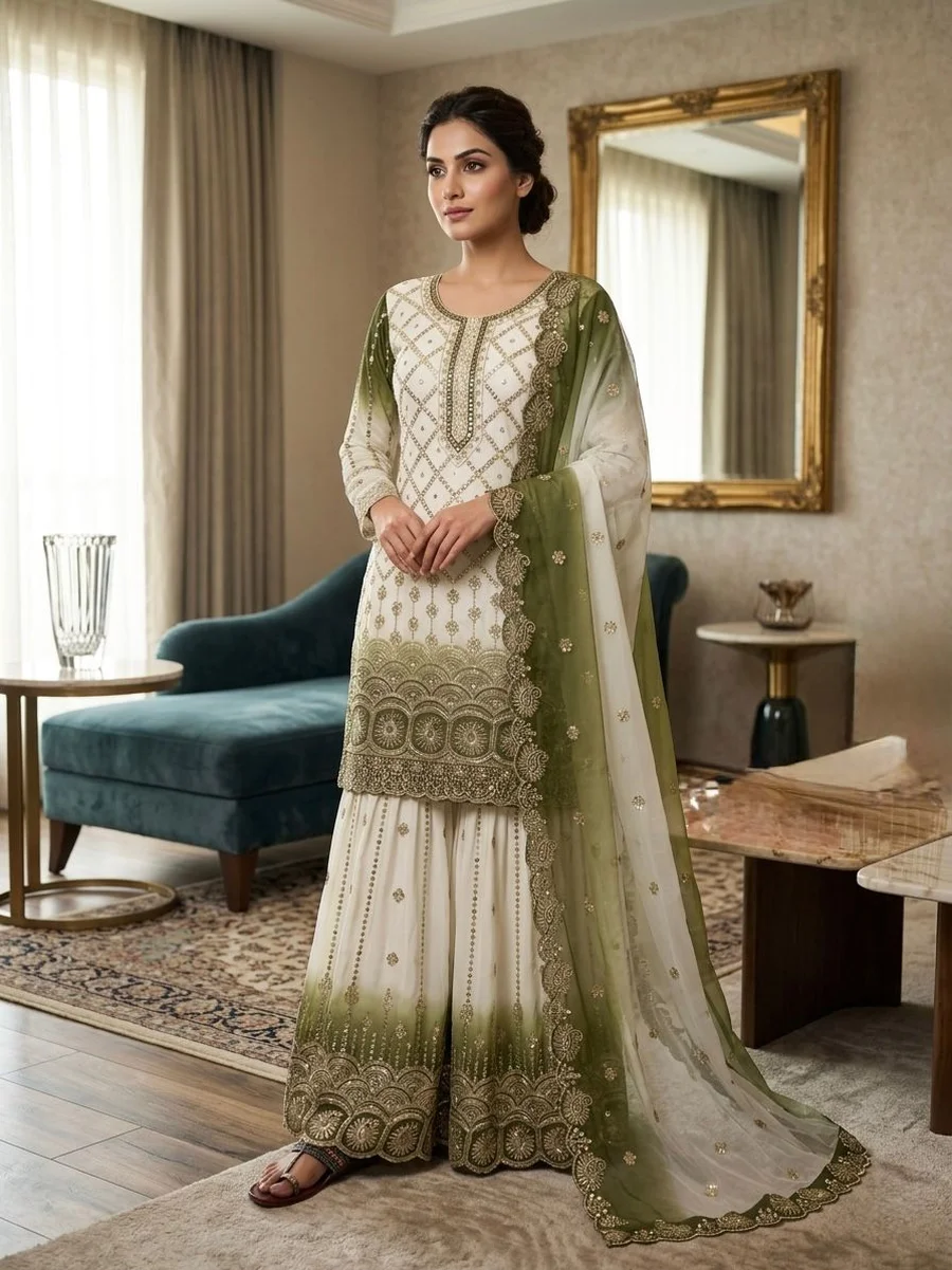 3DESIGNER STAR GEORGTTE EMBROIDERY 5 MM SEQUENCE WORK TOP PALAZZO WITH DUPATTA FESTIVE WEAR WHOLESALE PRICE ETHNIC GARMENT (25)