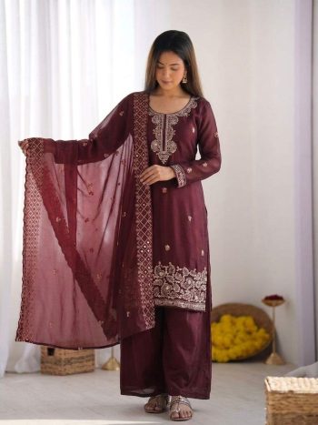 FANCY GMY SILK EMBROIDERY BEADS WORK TOP PALAZZO WITH DUPATTA WINE