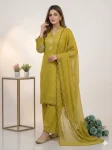 3FANCY MUL CHANDERI SEQUENCE EMBROIDERY WITH CUT WORK TOP PALAZZO WITH DUPATTA FESTIVE WEAR WHOLESALE PRICE ETHNIC GARMENT (22)