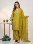 FANCY MUL CHANDERI SEQUENCE EMBROIDERY WITH CUT WORK TOP PALAZZO WITH DUPATTA YELLOW