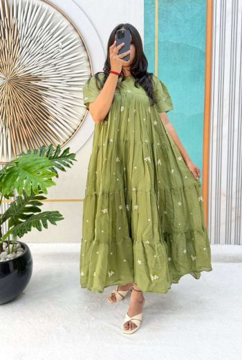 FANCY MUL COTTON CHANDERI EMBROIDERY WORK ONE PIECE DRESS PISTA