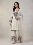 FANCY MUL COTTON SEQUENCE EMBROIDERY WORK TOP PALAZZO WITH DUPATTA WHITE