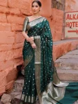 LATEST LICHI SILK JACQUARD WORK SAREE WITH UNSTITCHED BLOUSE GREEN