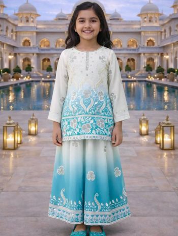 LATEST NATURAL CREPE EMBROIDERY SEQUENCE WORK WITH DIGITAL PRINT WORK KID'S TOP PALAZZO WITH DUPATTA SKY