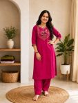 MODERN COTTON EMBROIDERY WORK TOP PENT SET PINK