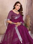 MODERN COTTON LINEN WEAVING WITH EXTRA WORK ZALAR SAREE WITH UNSTITCHED BLOUSE WINE