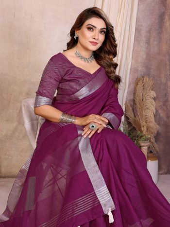 MODERN COTTON LINEN WEAVING WITH EXTRA WORK ZALAR SAREE WITH UNSTITCHED BLOUSE WINE