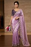 MODERN FENDY SATIN SILK SEQUENCE AND ZARI EMBROIDERY WITH CUTWORK BORDER SAREE WITH STITCHED BLOUSE LAVENDER