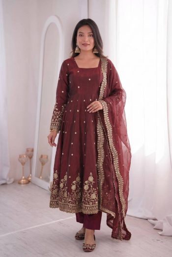 MODERN FENDY SILK EMBROIDERY  SEQUENCE WORK GOWN BOTTOM WITH DUPATTA MAROON