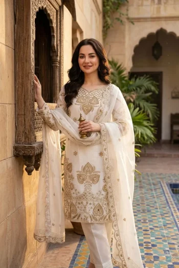 MODERN GMY SILK EMBROIDERY SEQUENCE WORK TOP BOTTOM WITH DUPATTA WHITE