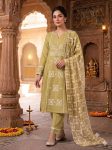 MODERN SLUB COTTON EMBROIDERY WORK TOP BOTTOM WITH DUPATTA PARROT GREEN