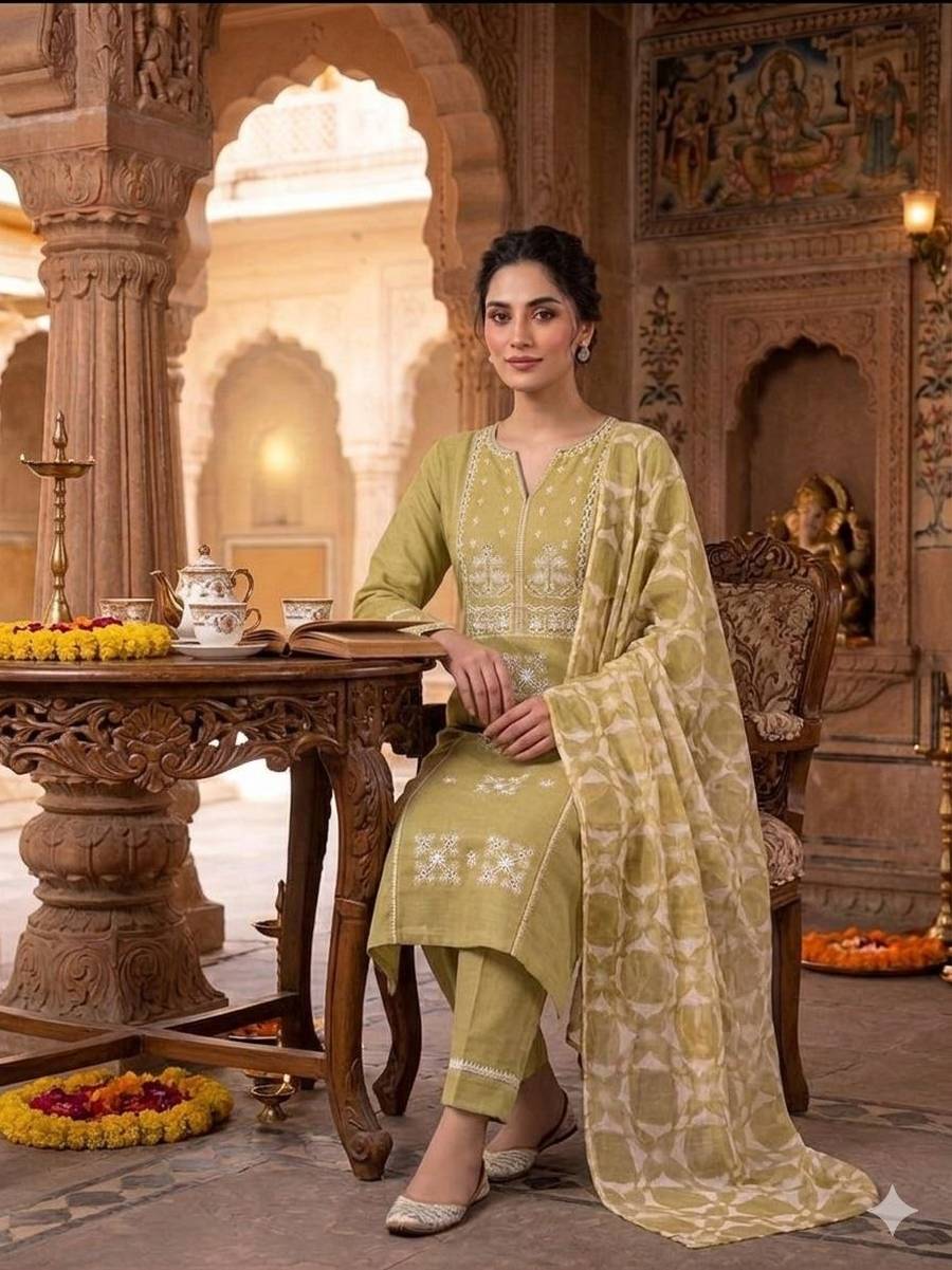 3MODERN SLUB COTTON EMBROIDERY WORK TOP BOTTOM WITH DUPATTA CASUAL WEAR WHOLESALE PRICE ETHNIC GARMENT (14)