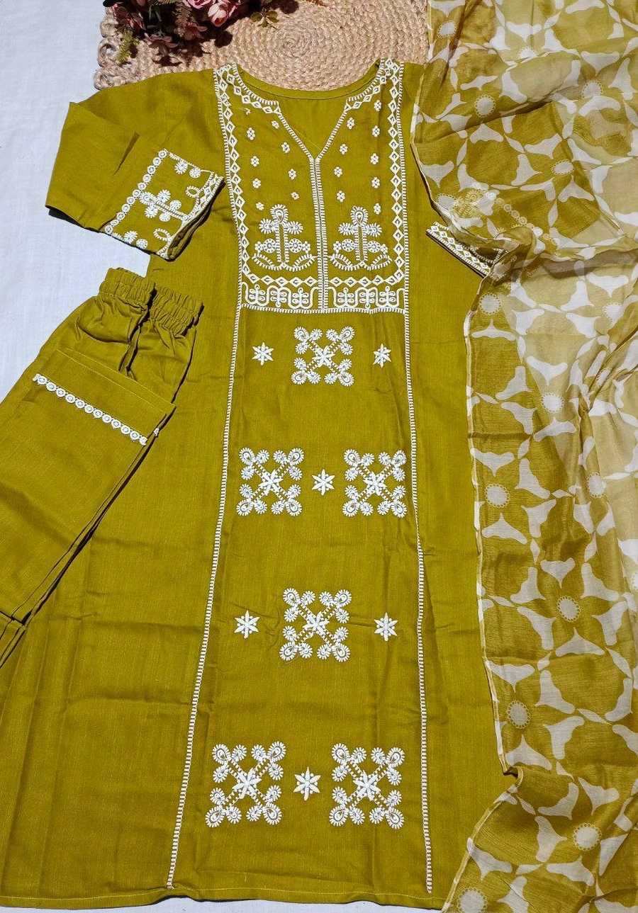 3MODERN SLUB COTTON EMBROIDERY WORK TOP BOTTOM WITH DUPATTA CASUAL WEAR WHOLESALE PRICE ETHNIC GARMENT (15)