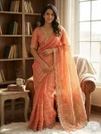 MODERN TISSUE SILK WEAVING SEQUENCE AND RIBBON WITH FANCY LACE BORDER WORK SAREE WITH UNSTITCHED BLOUSE PEACH