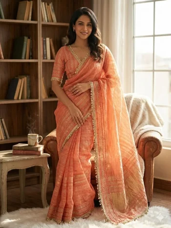 MODERN TISSUE SILK WEAVING SEQUENCE AND RIBBON WITH FANCY LACE BORDER WORK SAREE WITH UNSTITCHED BLOUSE PEACH