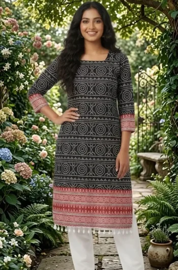 NEW ARRIVAL COTTON DIGITAL PRINT WITH KODI BORDER KURTI BOTTOM SET BLACK