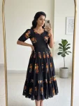 NEW ARRIVAL COTTON PRINTED WORK ONE PIECE DRESS BLACK