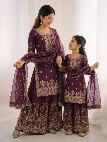 NEW ARRIVAL GMY SILK EMBROIDERY SEQUENCE WORK MOTHDER DAUGHTER SET WINE