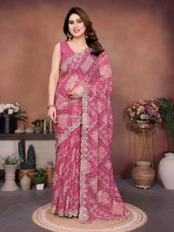 RICH LOOK GEORGETTE BANDHEJ PRINT & EMBROIDERY WITH CUTWORK BORDER SAREE WITH UNSTITCHED BLOUSE ONION