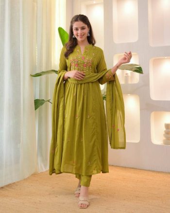 RICH LOOK MUL COTTON EMBROIDERY WORK TOP BOTTOM WITH DUPATTA PARROT GREEN