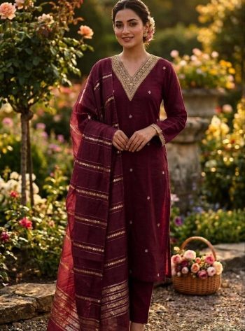 RICH LOOK SLUB COTTON CUT PASTE EMBROIDERY WORK TOP BOTTOM WITH DUPATTA WINE