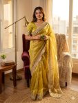 RICH LOOK TISSUE SILK TWO TONE SHADED WITH FANCY LACE BORDER WORK SAREE WITH UNSTITCHED BLOUSE YELLOW