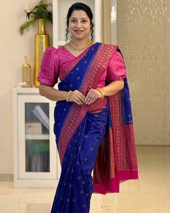 TRENDING BANARASI LICHI SILK JACQUARD WORK SAREE WITH UNSTITCHED BLOUSE BLUE