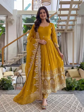TRENDING CRUNCHY SILK EMBROIDERY  SEQUENCE ZARI WORK GOWN BOTTOM WITH DUPATTA YELLOW