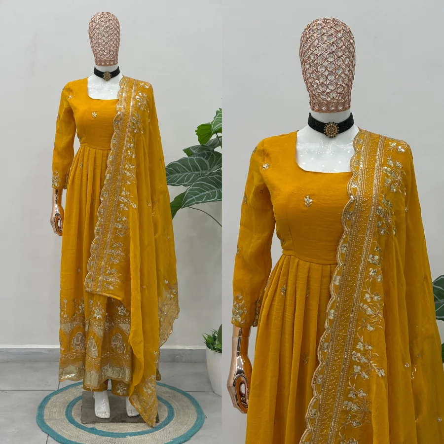 3TRENDING CRUNCHY SILK EMBROIDERY SEQUENCE ZARI WORK GOWN BOTTOM WITH DUPATTA FESTIVE WEAR WHOLESALE PRICE ETHNIC GARMENT (18)