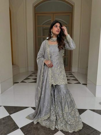 TRENDING GMY SILK EMBROIDERY SEQUENCE WITH REAL MIRROR HAND WORK TOP SHARARA WITH DUPATTA GREY