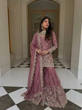 TRENDING GMY SILK EMBROIDERY SEQUENCE WITH REAL MIRROR HAND WORK TOP SHARARA WITH DUPATTA PINK