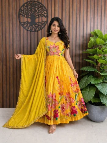 DESIGNER PURE SILK DIGITAL POSITION FOIL PRINT WORK GOWN WITH DUPATTA YELLOW