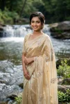 DESIGNER SPACE SILK EMBROIDERY BEADS WORK HEAVY BUTTA WITH TONE ARC WORK SAREE WITH STITCHED BLOUSE CREAM