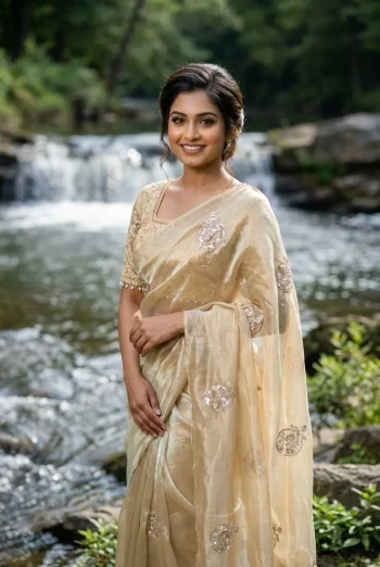 DESIGNER SPACE SILK EMBROIDERY BEADS WORK HEAVY BUTTA WITH TONE ARC WORK SAREE WITH STITCHED BLOUSE CREAM