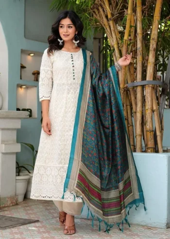 FANCY COTTON CHIKANKARI WORK TOP BOTTOM WITH DUPATTA AND OFF WHITE RAMA