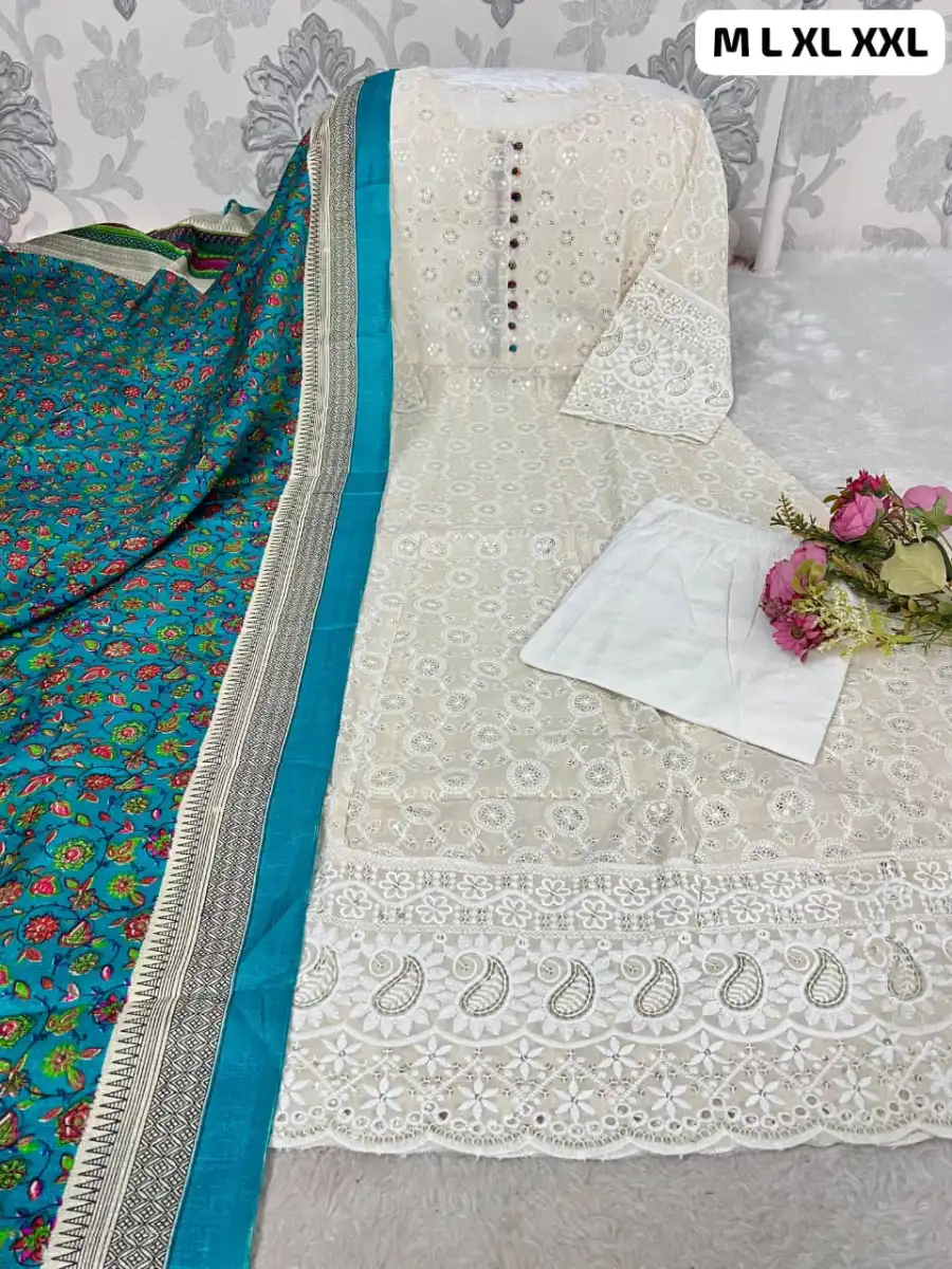 4FANCY COTTON CHIKANKARI WORK TOP BOTTOM WITH DUPATTA FESTIVE WEAR WHOLESALE PRICE ETHNIC GARMENT (18)