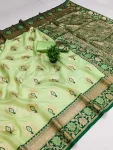 LATEST BANARASI SILK FLOWERS AND MINA & ZARI WEAVING RICH PALLU WITH UNIQUE BORDER WORK SAREE WITH UNSTITCHED BLOUSE PISTA