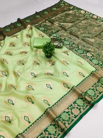 LATEST BANARASI SILK FLOWERS AND MINA & ZARI WEAVING RICH PALLU WITH UNIQUE BORDER WORK SAREE WITH UNSTITCHED BLOUSE PISTA