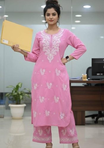 LATEST RAYON COTTON CHIKANKARI WORK KURTI PALAZZO SET BABY PINK