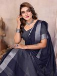 MODERN COTTON LINEN WEAVING WITH EXTRA WORK ZALAR SAREE WITH UNSTITCHED BLOUSE NAVY BLUE