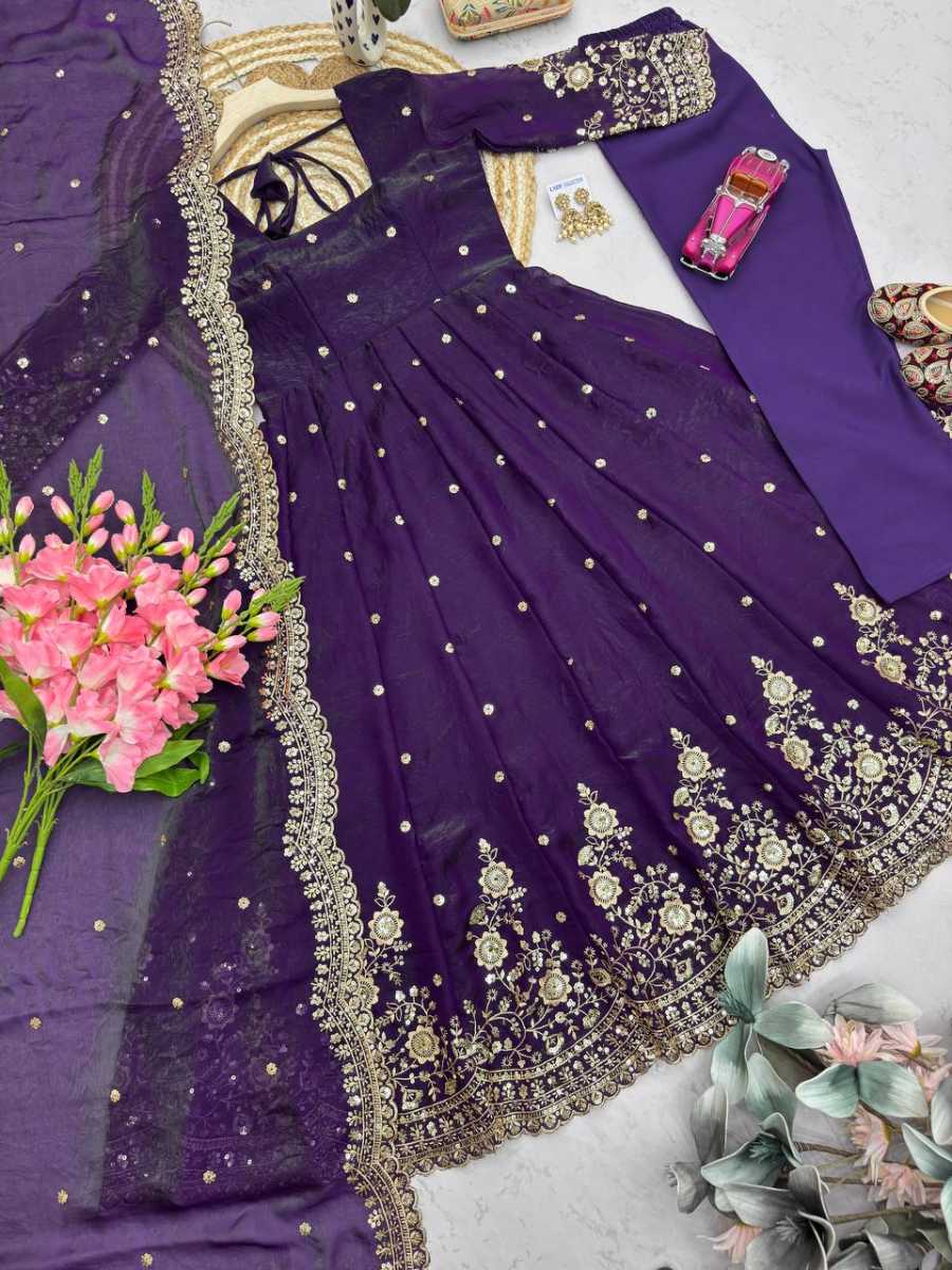 4MODERN FENDY SILK EMBROIDERY SEQUENCE WORK GOWN BOTTOM WITH DUPATTA FESTIVE WEAR WHOLESALE PRICE ETHNIC GARMENT (36)