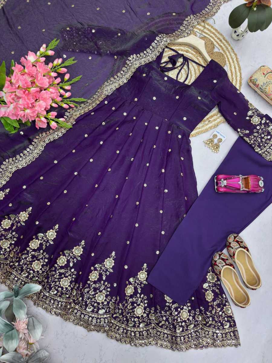 4MODERN FENDY SILK EMBROIDERY SEQUENCE WORK GOWN BOTTOM WITH DUPATTA FESTIVE WEAR WHOLESALE PRICE ETHNIC GARMENT (37)